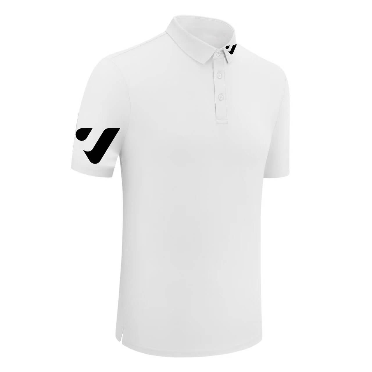 TORAY涼感快乾短袖Polo-白 1 KOMIA品牌灰色短袖 POLO 衫正面視角。右袖飾有白色KOMIA Logo。材質選用 Toray Fieldsensor 高機能涼感布料,具備透氣與快速排汗特性。