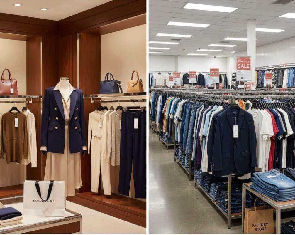 百貨公司精品專櫃與 Outlet 暢貨中心服飾陳列對比，呈現當季精品與過季折扣品或或專供 Outlet銷售商品之區隔。