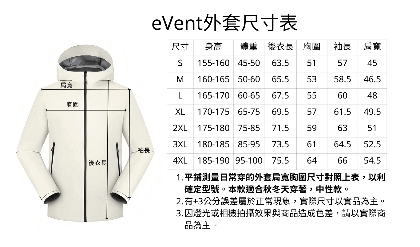 eVent 高機能防水透氣外套尺寸對照表，提供身高、體重、胸圍、袖長、肩寬及後衣長詳細數據。