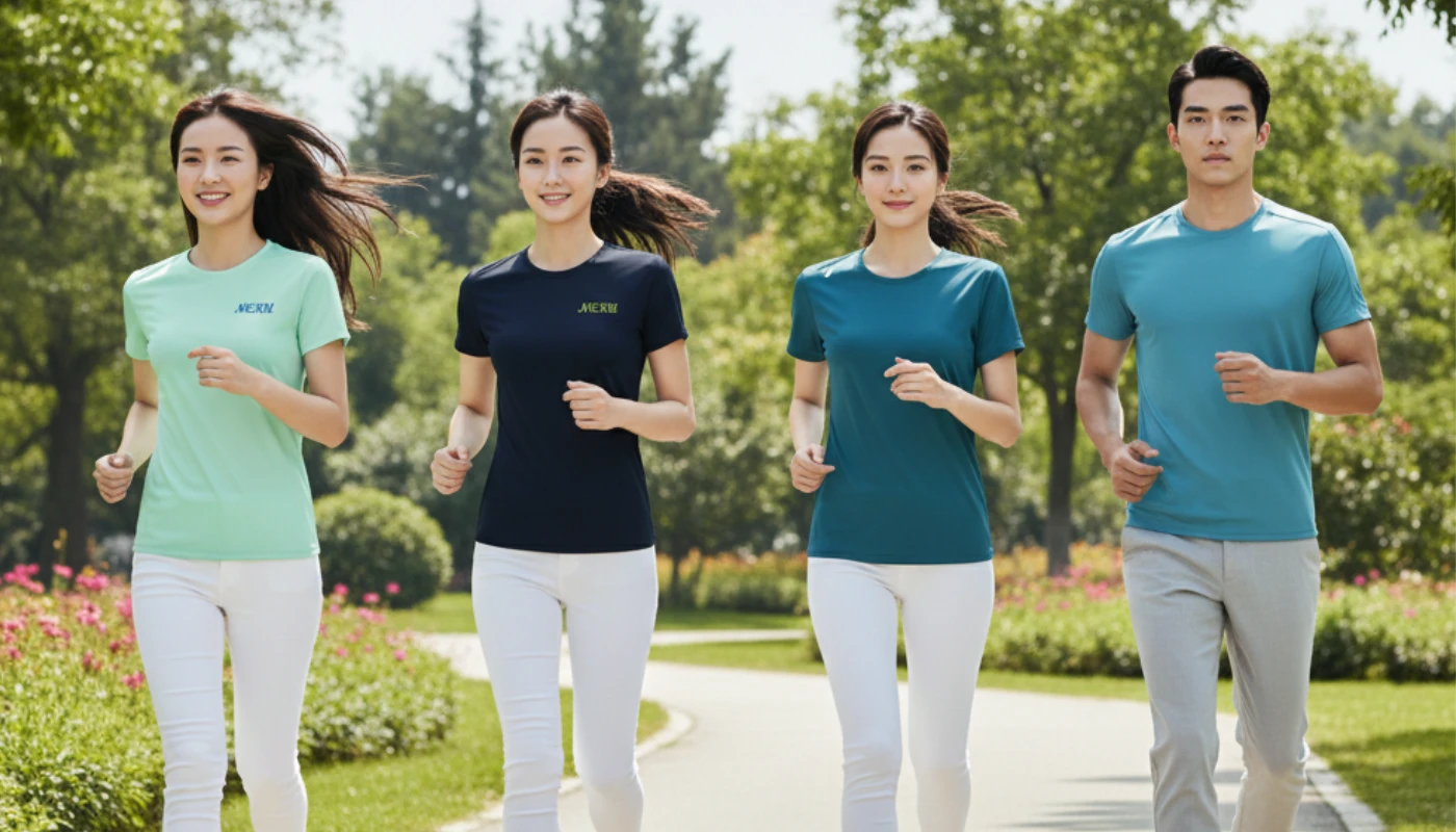三位女性和一位男性穿著不同顏色的短袖機能排汗衫（淡綠色、深藍色、青色、藍色）與休閒長褲，在充滿綠意的公園裡跑步。