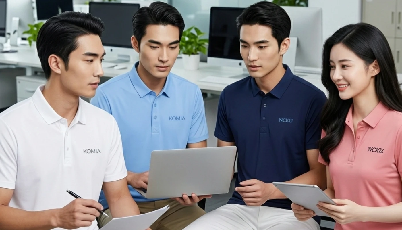 穿著印有 KOMIA 與 NCKU 標誌的商務休閒 POLO 衫（白色、淺藍色、深藍色、粉紅色）的男女在辦公室開會，可團體服訂做。
