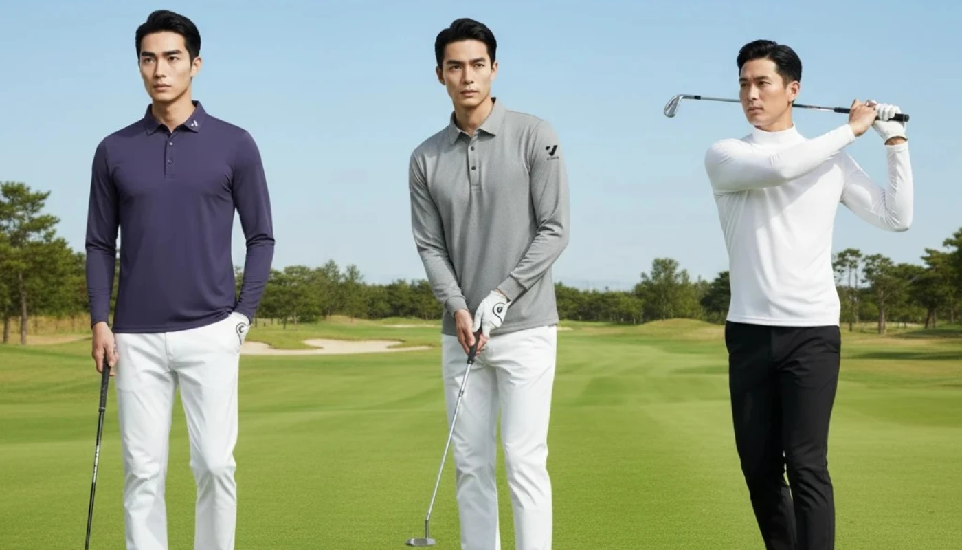 三位男性模特兒展示高爾夫長袖機能衫。左：紫色長袖 Polo 衫配白長褲；中：灰色長袖 Polo 衫配白長褲並戴著手套握桿；右：白色高領運動衫配黑長褲，做出揮桿後收桿姿勢。