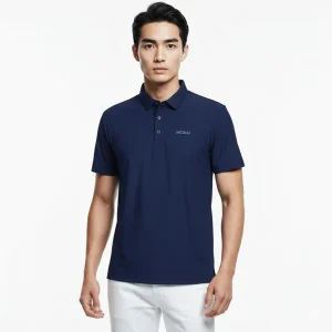 男模特兒穿著上青色短袖 POLO 衫，搭配白色休閒褲。衣服左胸印有紫色「NCKU」標誌，背景為純白色。