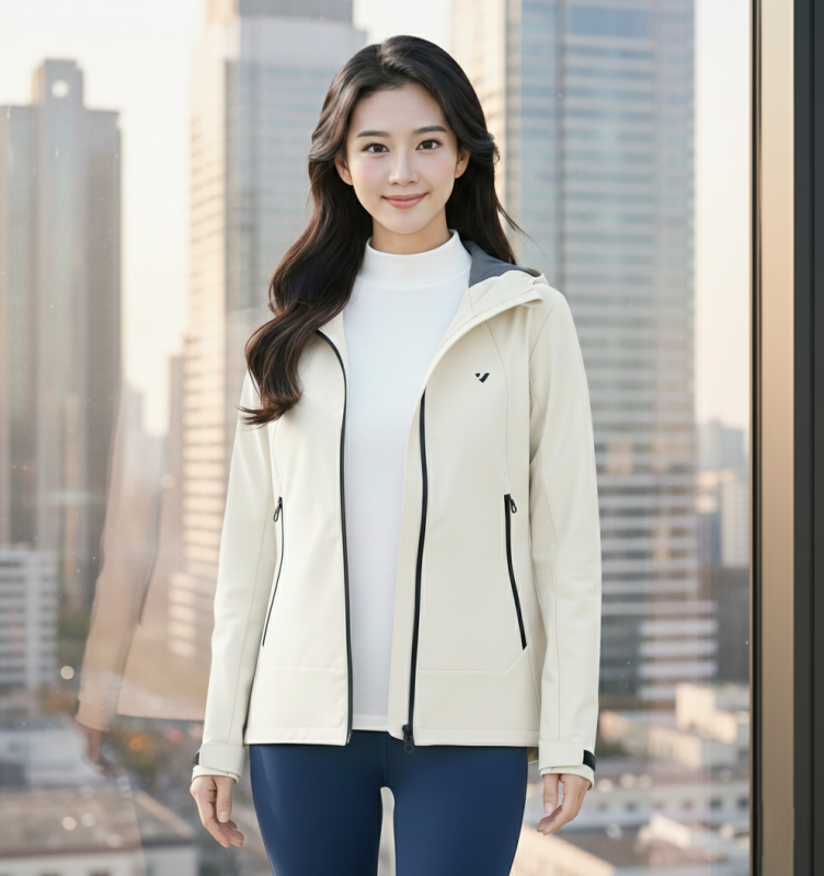 模特兒穿著 KOMIA 白色機能保暖衣搭配淺色質感外套，展現冬日二件式不臃腫的優雅穿搭。