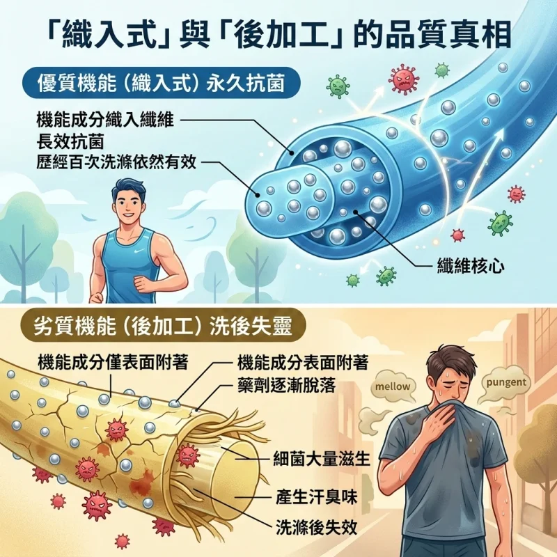 汗臭味很重怎麼辦?KOMIA 機能衣技術對比圖：織入式紗線具備永久抗菌除臭機能，對比一般後加工處理洗滌後易產生汗臭味。