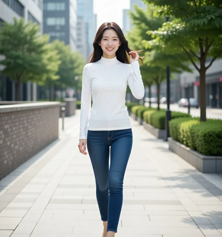 KOMIA MODEL展示白色小立領保暖內搭衣，搭配合身牛仔褲，呈現冬日運動休閒內搭。